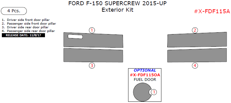 Ford F-150 SuperCrew 2015, 2016, 2017, 2018, 2019, 2020 Exterior Kit, 4 Pcs. dash trim kits options