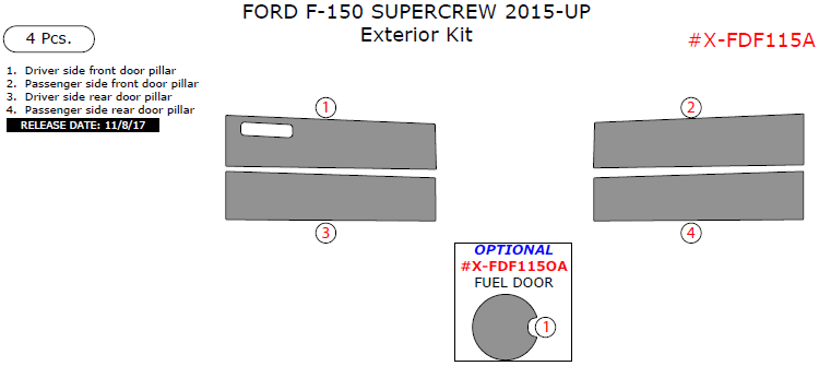 Ford F-150 SuperCrew 2015, 2016, 2017, Exterior Kit, 4 Pcs. dash trim kits options