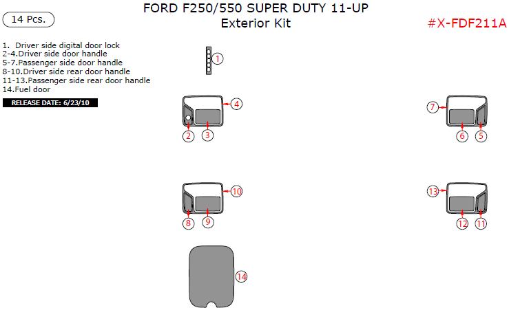 Ford F-250, F-550 2011, 2012, 2013, 2014, 2015, 2016, Exterior Kit, 14 Pcs. dash trim kits options