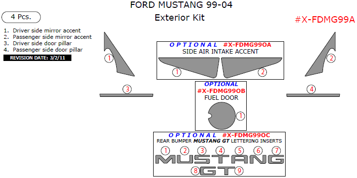 Ford Mustang 2001, 2002, 2003, 2004, Exterior Kit, 4 Pcs. dash trim kits options