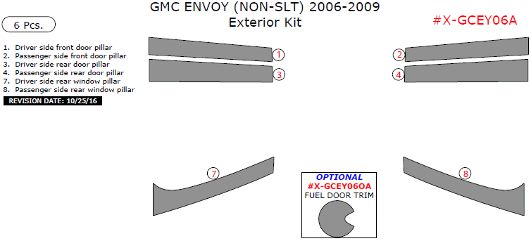 GMC Envoy (Non-SLT) 2006, 2007, 2008, 2009, Exterior Kit, 6 Pcs. dash trim kits options