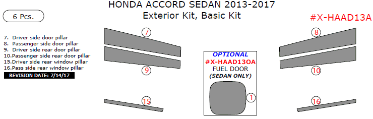 Honda Accord Sedan 2013, 2014, 2015, 2016, 2017, Basic Exterior Kit, 6 Pcs. dash trim kits options