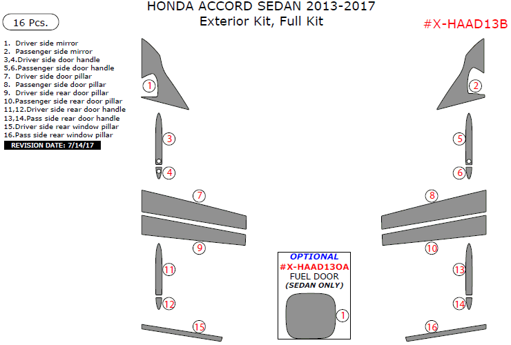 Honda Accord Sedan 2013, 2014, 2015, 2016, 2017, Exterior Kit, Full Interior Kit, 16 Pcs. dash trim kits options