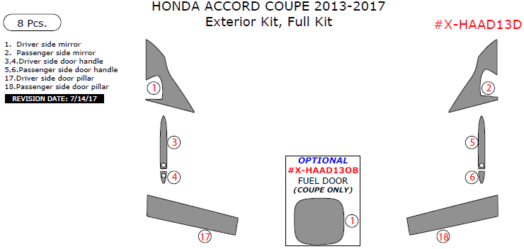 Honda Accord Coupe 2013, 2014, 2015, 2016, 2017, Exterior Kit, Full Interior Kit, 8 Pcs. dash trim kits options