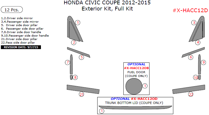 Honda Civic 2012, 2013, 2014, 2015, Exterior Kit, Full Kit (Coupe Only), 12 Pcs. dash trim kits options