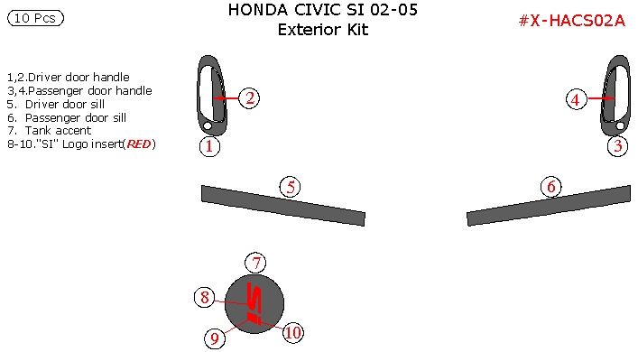 Honda Civic Si 2002, 2003, 2004, 2005, Exterior Kit, 10 Pcs., dash trim kits options