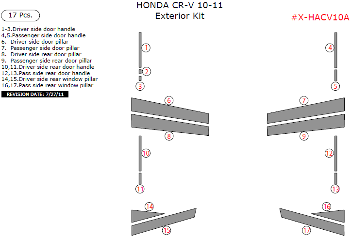 Honda CR-V 2010-2011, Exterior Kit, 17 Pcs. dash trim kits options
