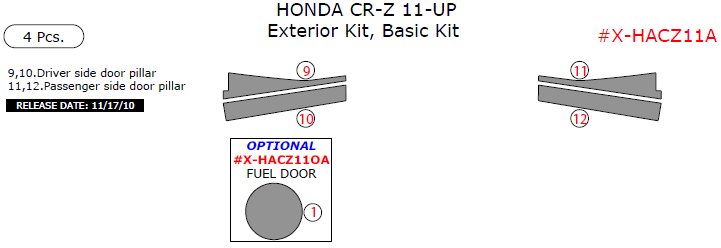 Honda CR-Z 2011, 2012, 2013, 2014, 2015, Basic Exterior Kit, 4 Pcs. dash trim kits options