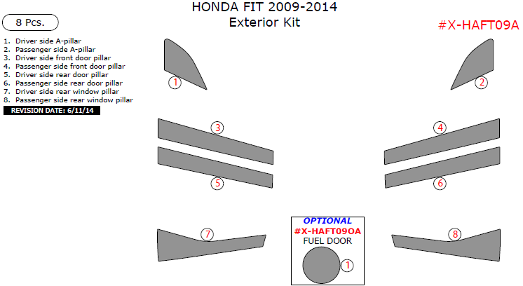 Honda Fit 2009, 2010, 2011, 2012, 2013, 2014, Exterior Kit, 8 Pcs. dash trim kits options