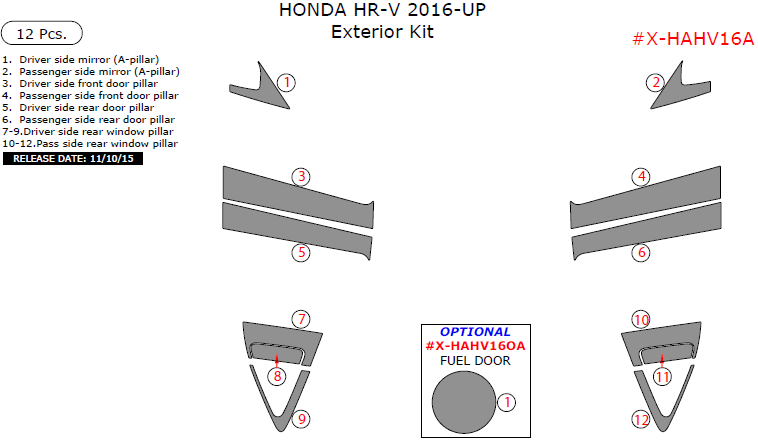 Honda HR-V 2016, 2017, 2018, 2019, 2020, 2021, 2022 Exterior Kit, 12 Pcs. dash trim kits options