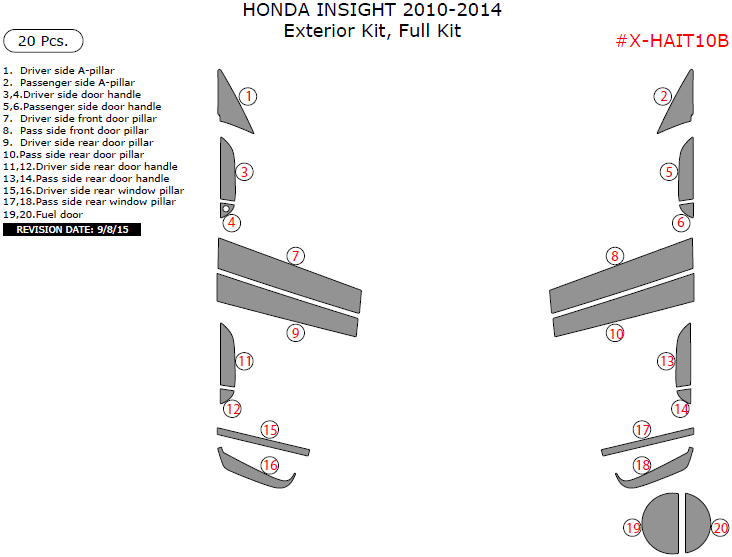 Honda Insight 2010, 2011, 2012, 2013, 2014, Exterior Kit, Full Interior Kit, 20 Pcs. dash trim kits options