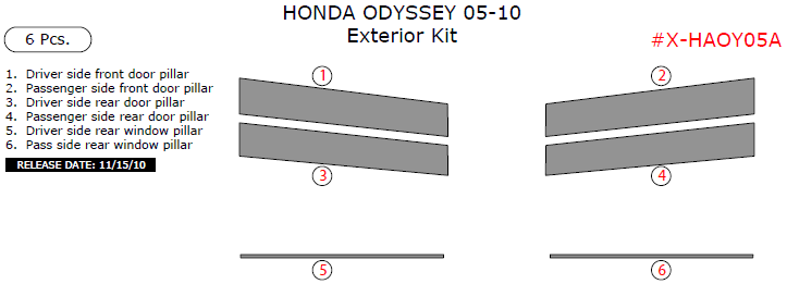 Honda Odyssey 2005, 2006, 2007, 2008, 2009, 2010, Exterior Kit, 6 Pcs. dash trim kits options