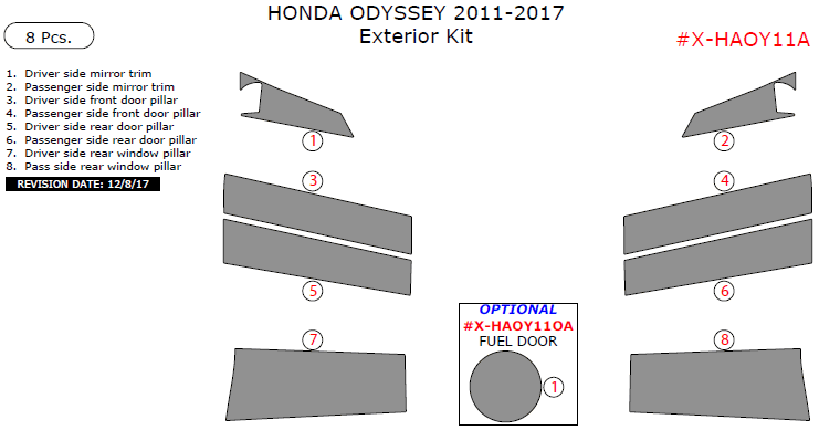 Honda Odyssey 2011, 2012, 2013, 2014, 2015, 2016, Exterior Kit, 8 Pcs. dash trim kits options