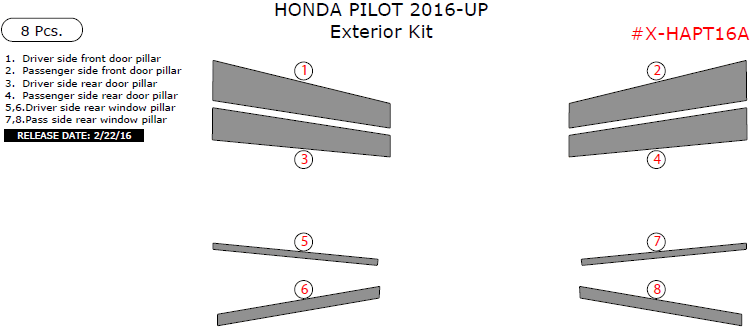 Honda Pilot 2016, 2017, 2018, Exterior Kit, 8 Pcs. dash trim kits options