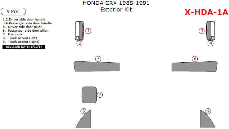 Honda CRX 1988, 1989, 1990, 1991, Exterior Kit, 9 Pcs. dash trim kits options