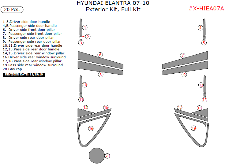 Hyundai Elantra 2007, 2008, 2009, 2010, Exterior Kit, Full Interior Kit, 20 Pcs. dash trim kits options
