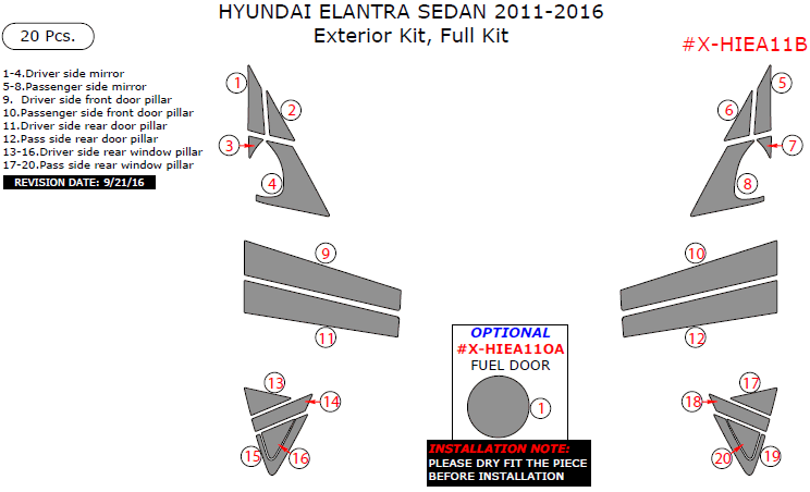 Hyundai Elantra Sedan 2011, 2012, 2013, 2014, 2015, 2016, Exterior Kit, Full Interior Kit, 20 Pcs. dash trim kits options