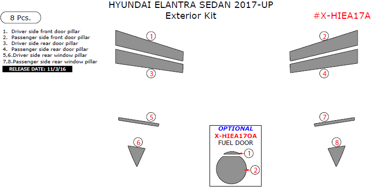 Hyundai Elantra Sedan 2017-2018, Exterior Kit, 8 Pcs. dash trim kits options