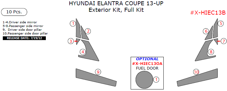 Hyundai Elantra Coupe 2013, Exterior Kit, Full Interior Kit, 10 Pcs. dash trim kits options