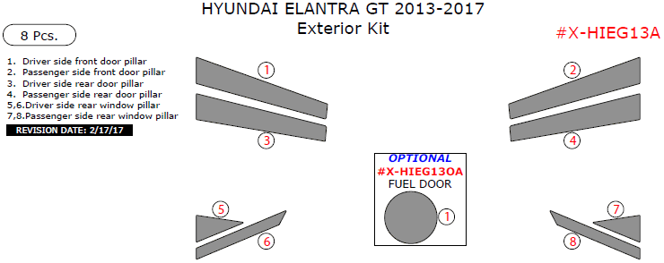 Hyundai Elantra GT 2013, 2014, 2015, 2016, 2017, Exterior Kit, 8 Pcs. dash trim kits options