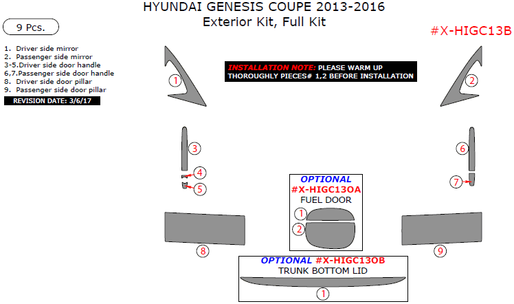 Hyundai Genesis Coupe 2013, 2014, 2015, 2016, Exterior Kit, Full Interior Kit, 9 Pcs. dash trim kits options