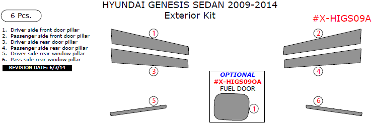 Hyundai Genesis Sedan 2009, 2010, 2011, 2012, 2013, 2014, Exterior Kit, 6 Pcs. dash trim kits options