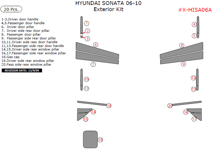 Hyundai Sonata 2006, 2007, 2008, 2009, 2010, Exterior Kit, 20 Pcs. dash trim kits options