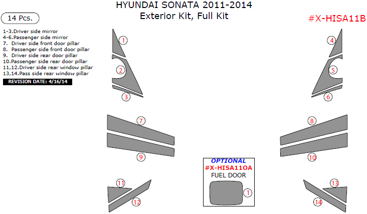 Hyundai Sonata 2011, 2012, 2013, Exterior Kit, Full Interior Kit, 14 Pcs. dash trim kits options