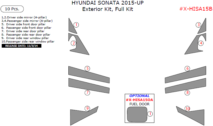 Hyundai Sonata 2015, 2016, 2017, Exterior Kit, Full Interior Kit, 10 Pcs. dash trim kits options