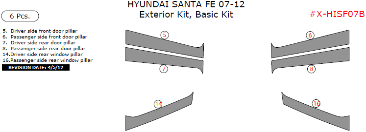 Hyundai Santa Fe 2007, 2008, 2009, 2010, 2011, 2012, Basic Exterior Kit, 6 Pcs. dash trim kits options