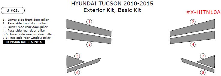 Hyundai Tucson 2010, 2011, 2012, 2013, 2014, 2015, Basic Exterior Kit, 8 Pcs. dash trim kits options