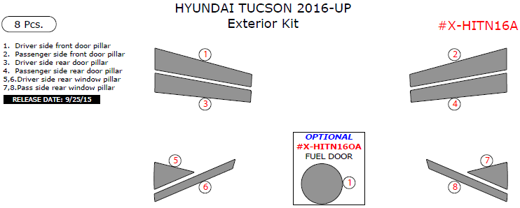 Hyundai Tucson 2016, 2017, Exterior Kit, 8 Pcs. dash trim kits options