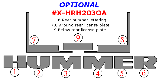 Hummer H2 2003, 2004, 2005, 2006, 2007, Exterior Kit, Optional Rear Kit, 9 Pcs. dash trim kits options
