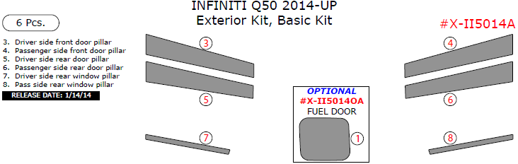 Infiniti Q50 2014, 2015, 2016, 2017, Basic Exterior Kit, 6 Pcs. dash trim kits options