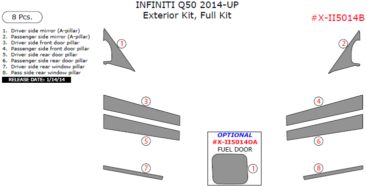 Infiniti Q50 2014, 2015, 2016, 2017, Exterior Kit, Full Interior Kit, 8 Pcs. dash trim kits options