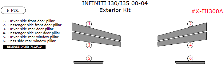 Infiniti I 2000, 2001, 2002, 2003, 2004, Exterior Kit, 6 Pcs. dash trim kits options