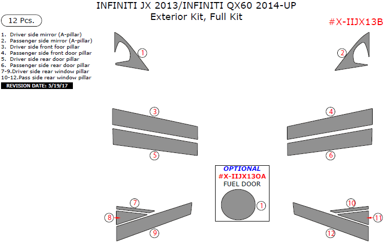 Infiniti JX 2013/Infiniti QX60 2014, 2015, 2016, Exterior Kit, Full Interior Kit, 12 Pcs. dash trim kits options