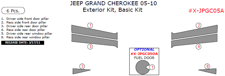 Jeep Grand Cherokee 2005, 2006, 2007, 2008, 2009, 2010, Basic Exterior Kit, 6 Pcs. dash trim kits options