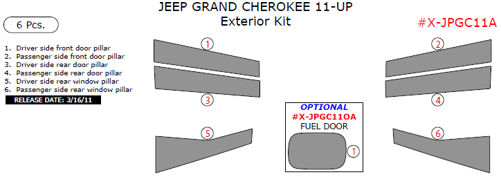Jeep Grand Cherokee 2011, 2012, 2013, 2014, 2015, 2016, 2017, 2018, Exterior Kit, 6 Pcs. dash trim kits options
