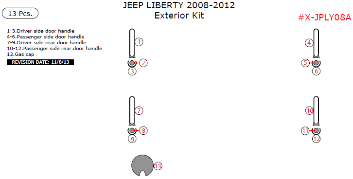 Jeep Liberty 2008, 2009, 2010, 2011, 2012, Exterior Kit, 13 Pcs. dash trim kits options