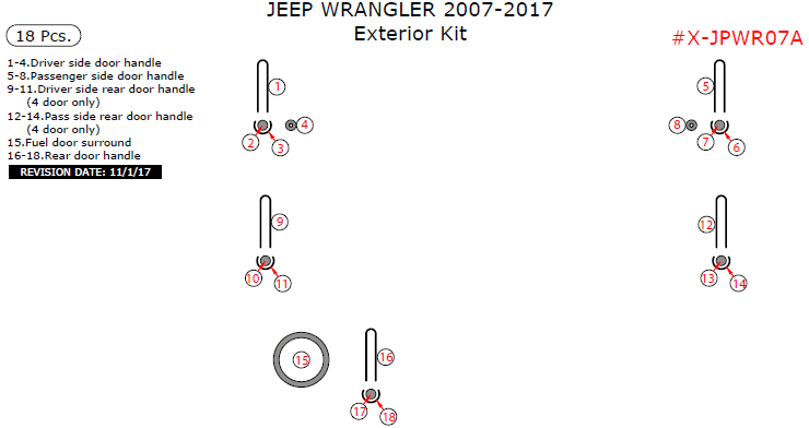 Jeep Wrangler 2007, 2008, 2009, 2010, 2011, 2012, 2013, 2014, 2015, 2016, 2017, Exterior Kit, 18 Pcs. dash trim kits options