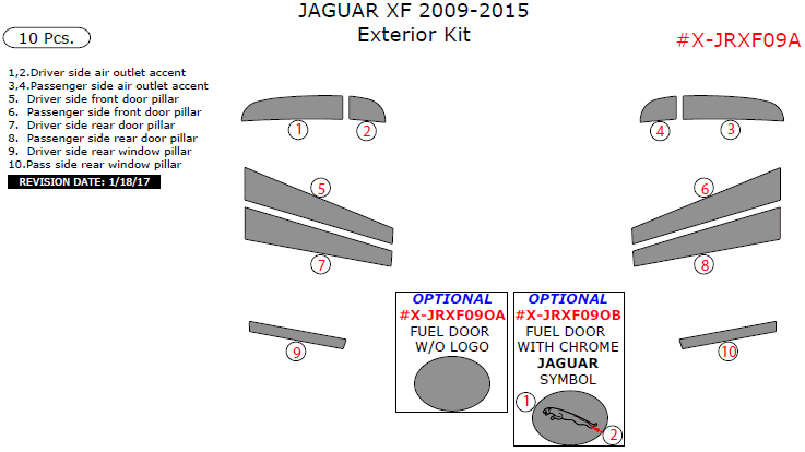 Jaguar XF 2009, 2010, 2011, 2012, 2013, 2014, 2015, Exterior Kit, 10 Pcs. dash trim kits options