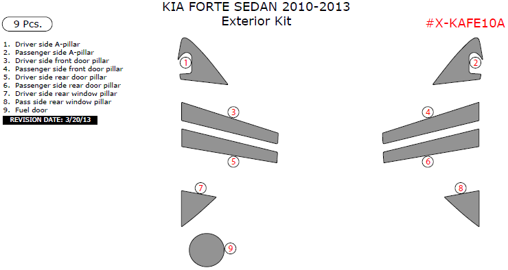 Kia Forte 2010, 2011, 2012, 2013, Exterior Kit (Sedan Only), 9 Pcs. dash trim kits options