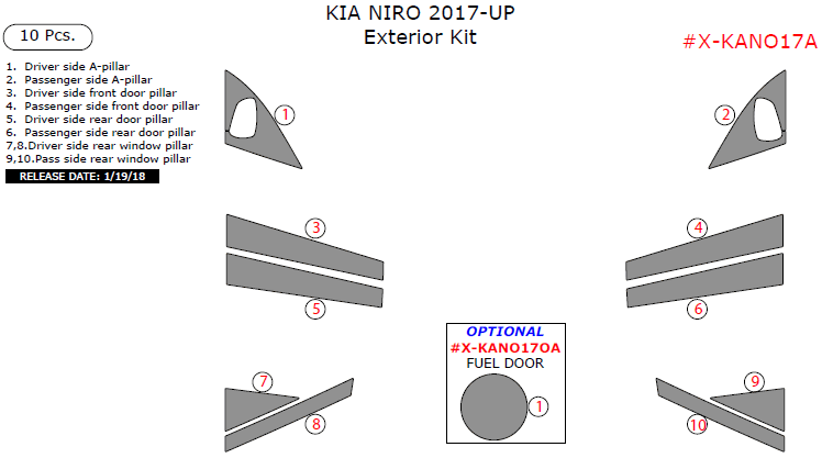 Kia Niro 2017-up, Exterior Kit, 10 Pcs. dash trim kits options