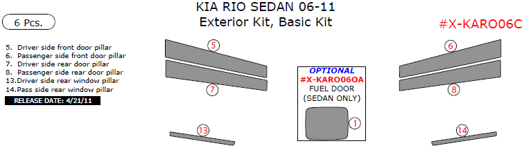Kia Rio 2006, 2007, 2008, 2009, 2010, 2011, Basic Exterior Kit (Sedan Only), 6 Pcs. dash trim kits options