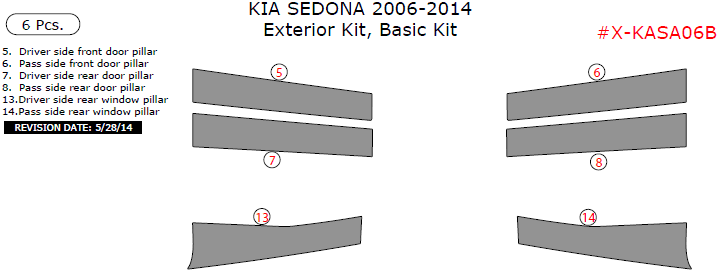 Kia Sedona 2006, 2007, 2008, 2009, 2010, 2011, 2012, 2013, 2014, Basic Exterior Kit, 6 Pcs. dash trim kits options