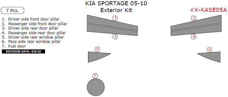 Kia Sportage 2005, 2006, 2007, 2008, 2009, 2010, Exterior Kit, 7 Pcs. dash trim kits options