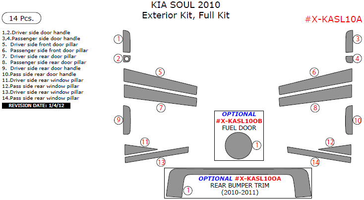 Kia Soul 2010-2011, Exterior Kit, Full Kit (2010 Only), 14 Pcs. dash trim kits options