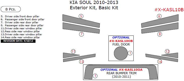Kia Soul 2010, 2011, 2012, 2013, Basic Exterior Kit, 8 Pcs. dash trim kits options