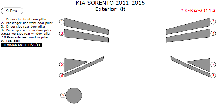 Kia Sorento 2011, 2012, 2013, 2014, 2015, Exterior Kit, 9 Pcs. dash trim kits options